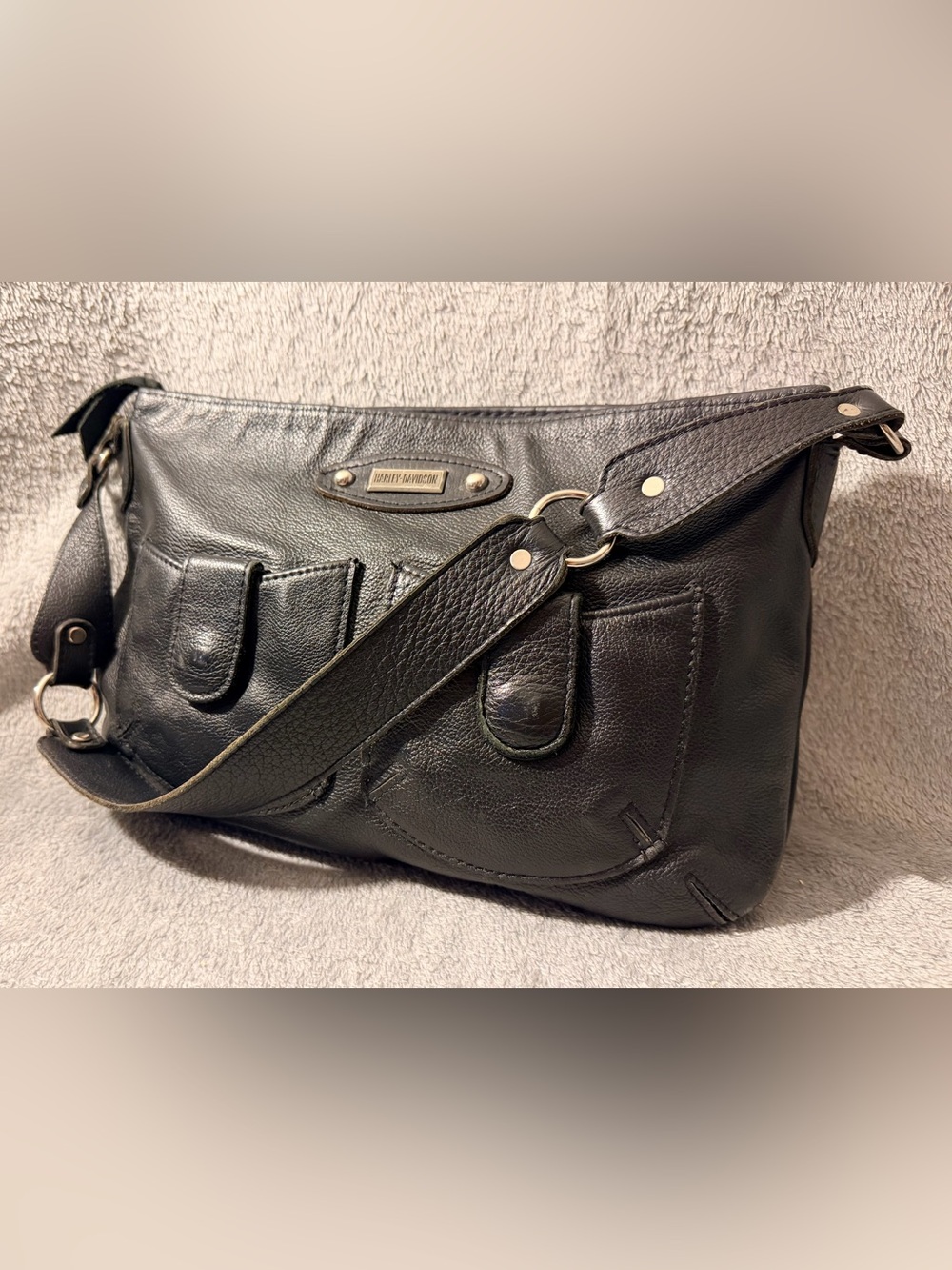 Harley-Davidson Black Leather Shoulder Bag - Vintage